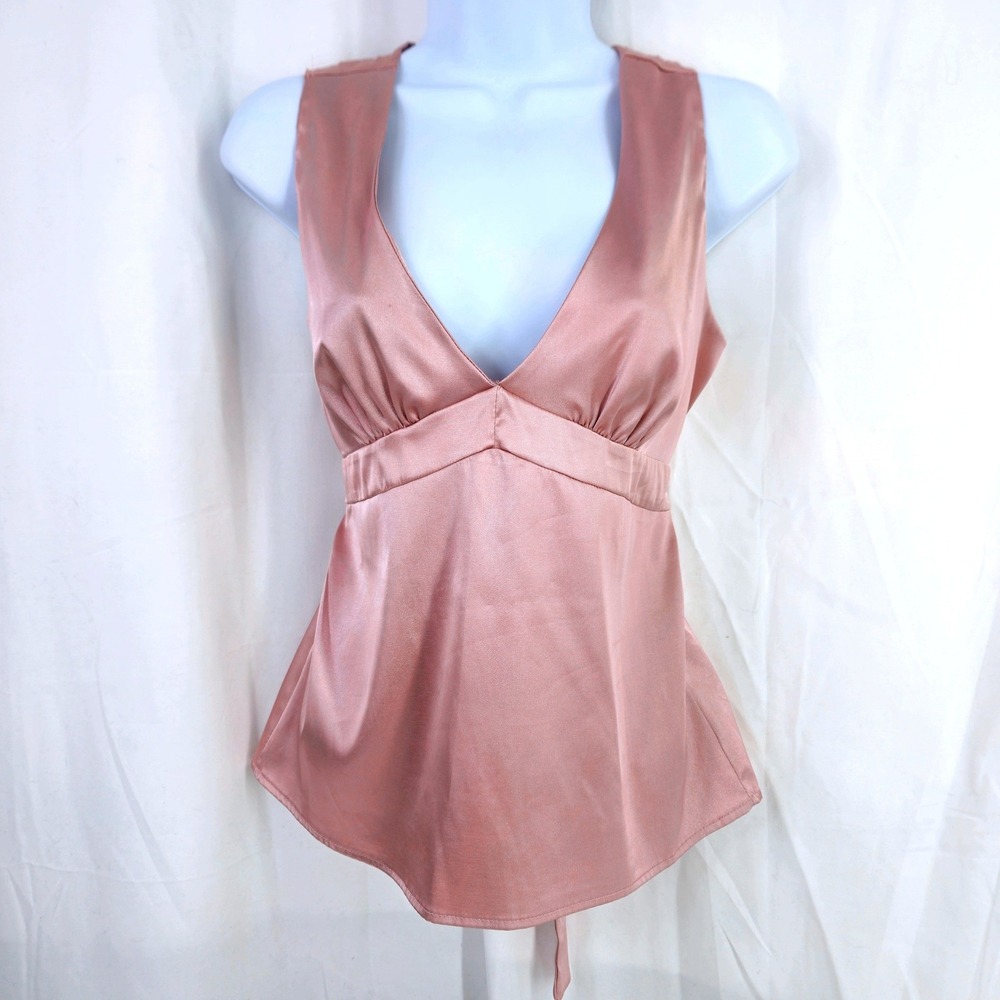 Vintage‎ y2k Lipstick Womens Satin V-Neck Tie Back Babydoll Blouse Pink Fairy Lg